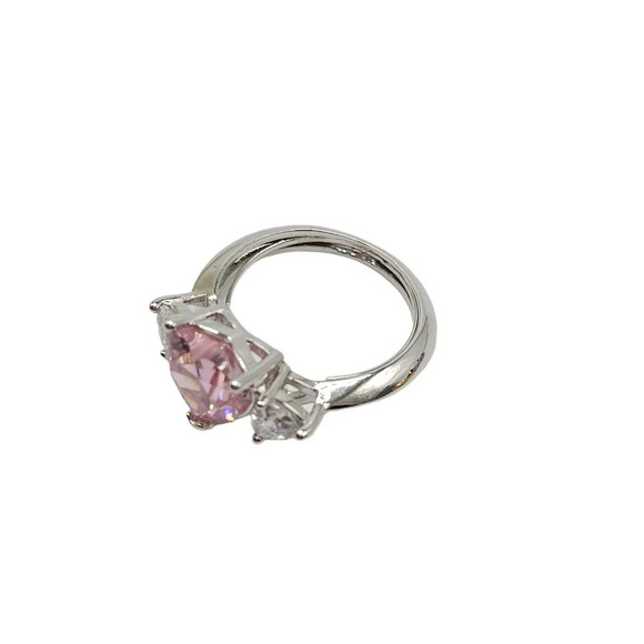 Pink Heart Clear Glass Rhinestone Silver Plated Vintage Cocktail Ring Size 8.75 - Picture 7 of 8